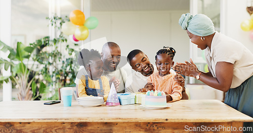 Image of Birthday cake, family and children with parents for celebration, clapping and cheers for party at home. Happy, excited people, girl or kids with dessert and singing, kiss and love or support on patio