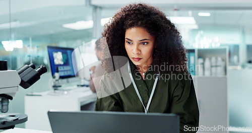 Image of Woman. laptop and lab for research science or online internet for futuristic discovery, microscope or medicine. Female person, brainstorming and biotechnology for investigation, cure or development