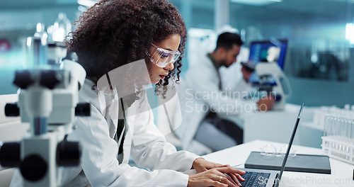 Image of Scientist, woman and microscope with computer for laboratory research, test and DNA investigation at night. Professional doctor or science expert with lens check, laptop and particles for inspection