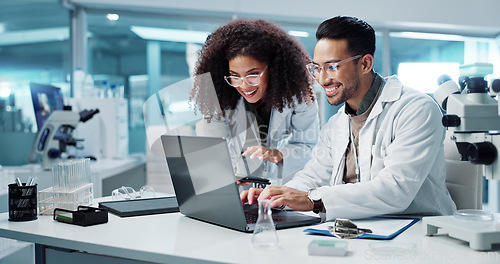 Image of Science, teamwork and scientist with tablet in laboratory for communication, pharmaceutical review or planning. Employees, collaboration and technology for research, discussion and digital analysis