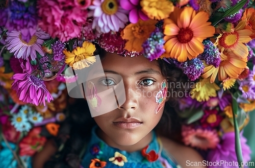 Image of Young Girl With Flowers on Her Head - Beautiful Portrait of a Child With Floral Crown