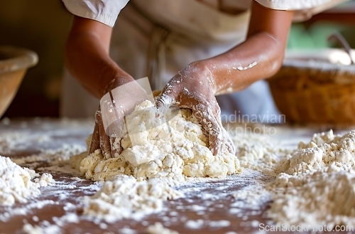 Image of Person Kneading Dough on Table, Preparing Bread Recipe at Home Kitchen