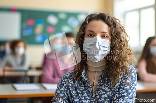Image of Woman Wearing Face Mask in Classroom, Ensuring Safety and Preventing the Spread of Illness