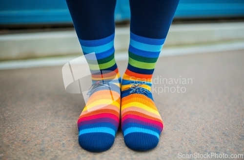 Image of Person Wearing Colorful Socks