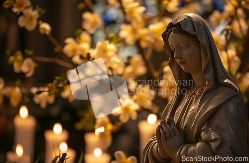 Image of Statue of the Virgin Mary Surrounded by Candles in a Serene Setting