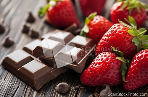 Image of Delicious Chocolate and Ripe Strawberries on a Rustic Wooden Table