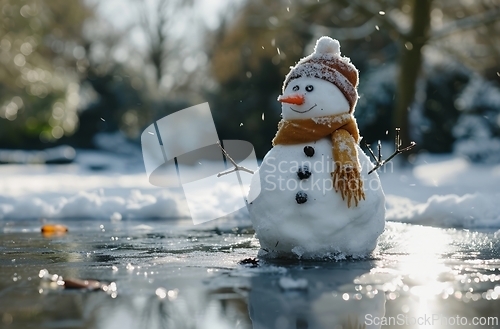 Image of Snowman Standing in Water, Unusual Winter Scene in the Middle of a Pond