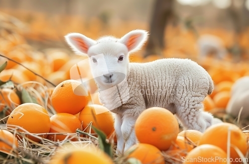 Image of Lamb Standing in Field of Oranges
