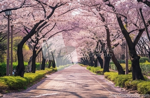 Image of Beautiful Street With an Abundance of Pink Trees
