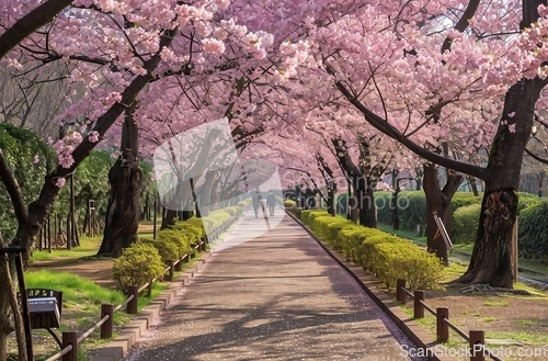 Image of Pink Flower-Lined Walkway in Park