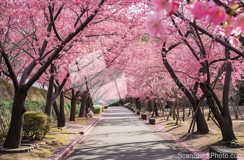 Image of Beautiful Street With Pink Flowered Trees and Lush Greenery