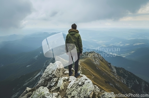 Image of Person Standing on Top of Mountain, Majestic View of the World From the Summit