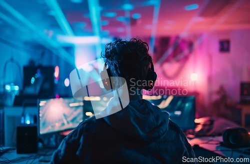Image of Man Wearing Headphones Sitting in Front of Computer