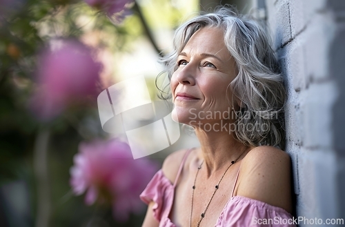 Image of Woman Leaning Against Wall With Background of Flowers