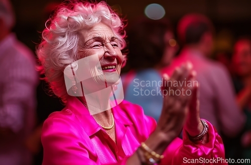 Image of Smiling Woman in Pink Shirt Clapping With Joyous Expression