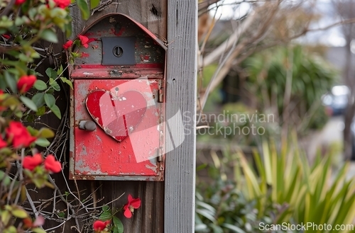 Image of Weathered mailbox with heart motif