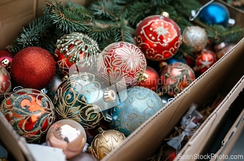 Image of Assorted Christmas ornaments in box