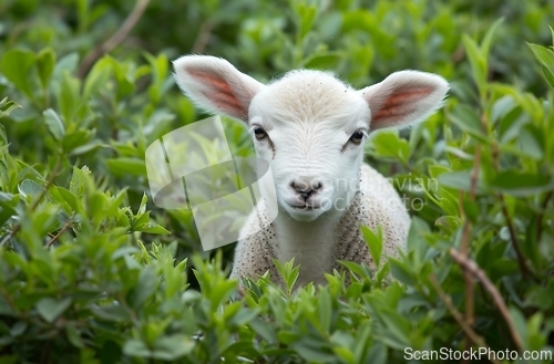 Image of Small White Sheep in Lush Green Field