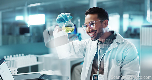 Image of Scientist, man and chemical with laptop in laboratory for chemistry experiment, test sample and research. Science, person and liquid inspection for clinical analysis, expert investigation and happy