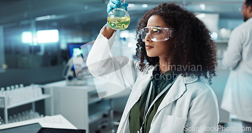 Image of Scientist, woman and chemical with laptop in laboratory for chemistry experiment, test sample and research. Science, person and liquid inspection for clinical analysis, expert investigation and study