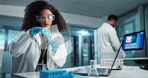 Image of Woman, scientist or blood vial for testing in laboratory, healthcare or pathology to label on test tube. Biotechnology, pharmaceutical and laptop by doctor and online scientific results in phlebotomy