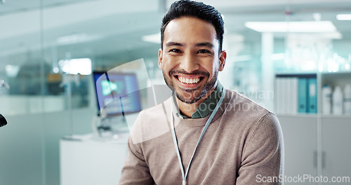 Image of Asian man, smile and working in laboratory for innovation, pharmaceutical or research study. Male employee, happy and confident in testing facility for reviewing, development or data analysis