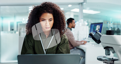 Image of Woman. laptop and lab for research science or online internet for futuristic discovery, microscope or medicine. Female person, brainstorming and biotechnology for investigation, cure or development