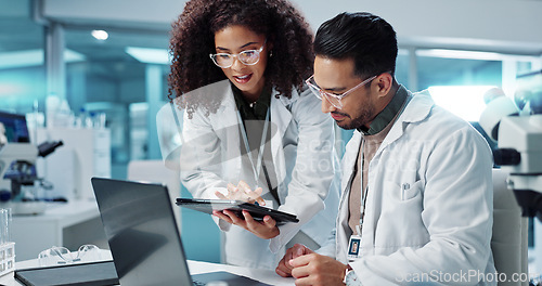 Image of Science, teamwork and scientist with tablet in laboratory for communication, pharmaceutical review or planning. Employees, collaboration and technology for research, discussion and digital analysis