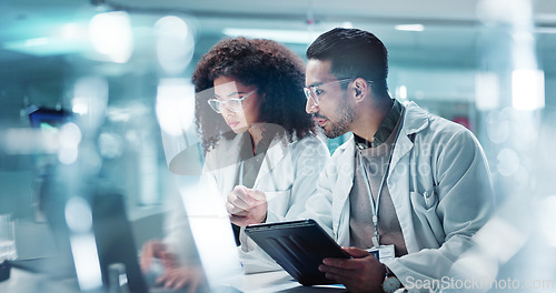 Image of Science, teamwork and laptop with laughing in laboratory for communication, pharmaceutical review or planning. Employees, collaboration and technology for research, discussion and digital analysis