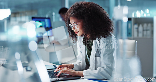 Image of Woman. laptop and lab for research science or online internet for futuristic discovery, microscope or medicine. Female person, brainstorming and biotechnology for investigation, cure or development