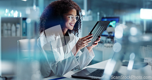 Image of Tablet, laptop and woman scientist in lab working on medical research, project or experiment. Science, career and female researcher with digital technology and computer for pharmaceutical innovation.