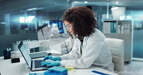 Image of Scientist, woman and typing on laptop with test tube for chemistry, research or experiment at lab. Science, computer and serious medical professional in development of cure, biotechnology or study