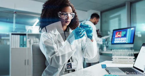 Image of Woman, scientist or blood vial for testing in laboratory, healthcare or pathology to label on test tube. Biotechnology, pharmaceutical and laptop by doctor and online scientific results in phlebotomy