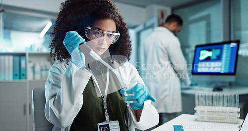 Image of Scientist, pipette and woman with beaker for chemistry, research or experiment at laboratory. Science, glass and serious medical professional in development of cure, biotechnology or study healthcare