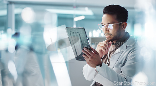 Image of Tablet, thinking or scientist with research in laboratory for a chemistry report or medical test feedback. Asian man, person typing or science update for online medicine development news on website