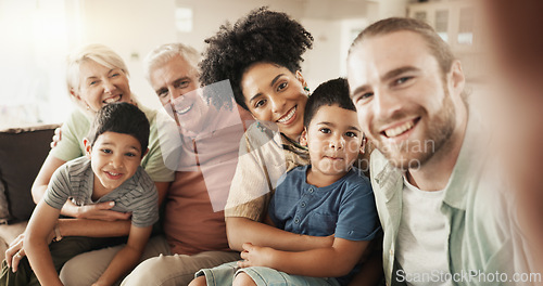 Image of Selfie, happy and face of a big family in the living room relaxing, bonding and spending time together. Smile, love and portrait of boy children sitting with parents and grandparents at their home.