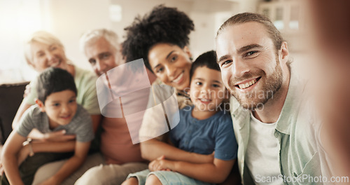 Image of Selfie, happy and face of a big family in the living room relaxing, bonding and spending time together. Smile, love and portrait of boy children sitting with parents and grandparents at their home.