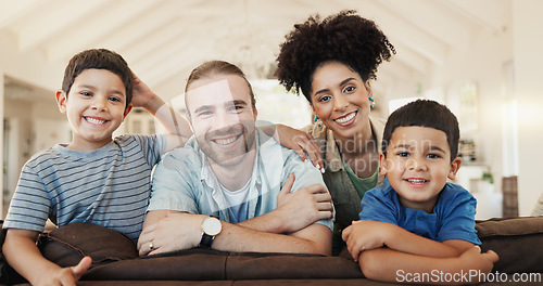 Image of Face, smile and family in home living room, bonding and having fun together. Happy, children and portrait of parents in lounge with father and African mother enjoying quality time to relax in house.