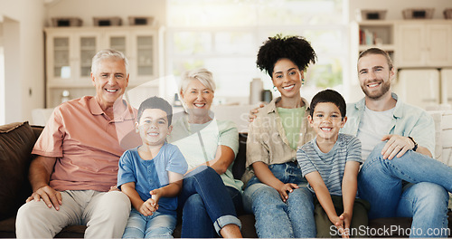 Image of Happy, smile and face of a big family on a sofa relaxing, bonding and spending time together. Happiness, love and portrait of boy children sitting with their parents and grandparents at their home.