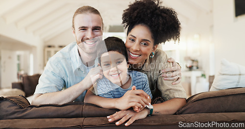 Image of Face, happy and family in home living room, bonding and having fun together. Smile, children and portrait of parents in lounge with father and African mother enjoying quality time on sofa in house.