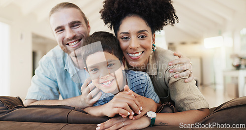 Image of Face, happy and family in home living room, bonding and having fun together. Smile, children and portrait of parents in lounge with father and African mother enjoying quality time on sofa in house.