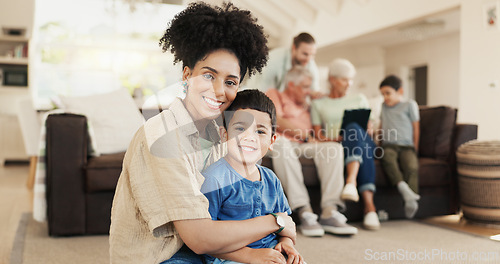 Image of Face, happy and mother with kid in home living room, bonding and having fun together. Smile, children and portrait of African mom in lounge with care, love and enjoy quality time for family adoption.