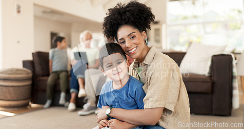 Image of Face, happy and mother with kid in home living room, bonding and having fun together. Smile, children and portrait of African mom in lounge with care, love and enjoy quality time for family adoption.