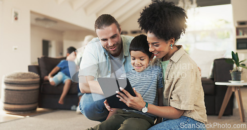 Image of Tablet, home and happy family parents, kid or people working on e learning, knowledge or helping son with studying. Elearning, remote online education and young child, mother and father bond together
