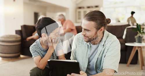 Image of Tablet, love and happy family father, kid or people working on e learning, knowledge or support son with online school research. Home, youth child or dad bond, laugh or enjoy study, streaming or app