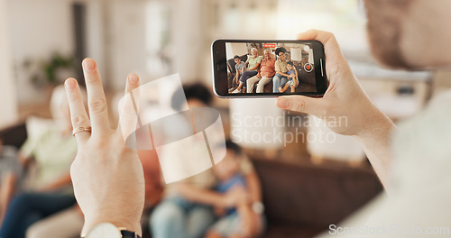 Image of Phone screen, hand or countdown for family picture, photography and memory photo of home bonding, love and care. Home, smartphone UI or person count for relax grandparents, parents and kids together