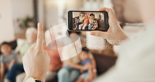 Image of Phone screen, hand or countdown for family picture, photography and memory photo of home bonding, love and care. Home, smartphone UI or person count for relax grandparents, parents and kids together