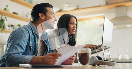 Image of Home, talking and couple with a laptop, paperwork and communication with investment, financial planning and internet connection. Documents, man and woman with technology, speaking and website info