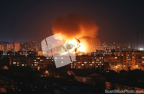 Image of Massive Fire Engulfs City Skyline With Blazing Flames at Night