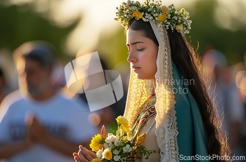 Image of Woman Wearing Veil, Holding Bouquet of Flowers